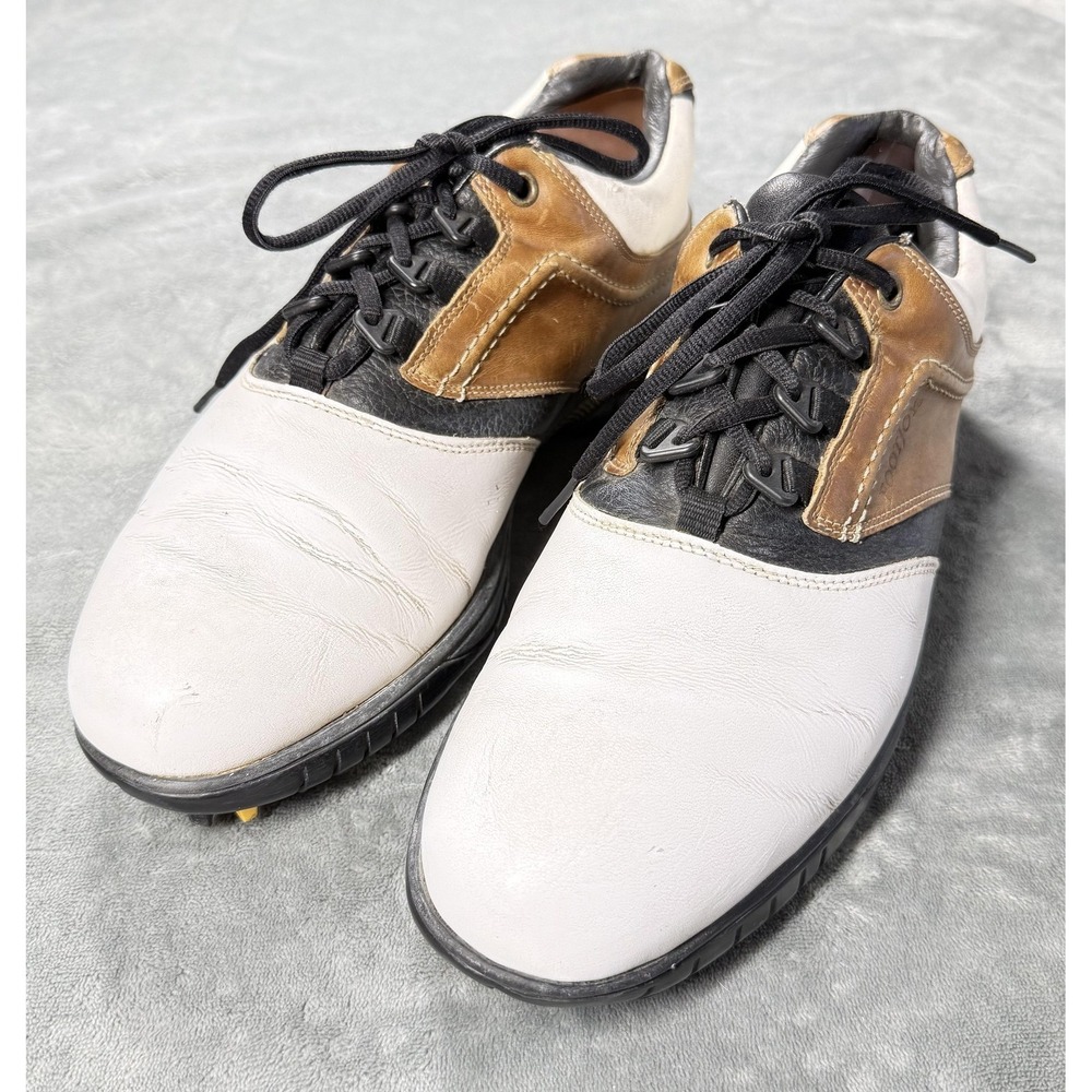 FootJoy Golf Shoes Mens Size 10.5 White Brown Leather Spiked Low Top 54108